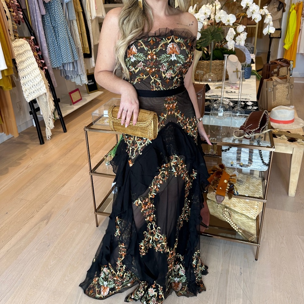 BCBG maxazria black strapless embroidered grown